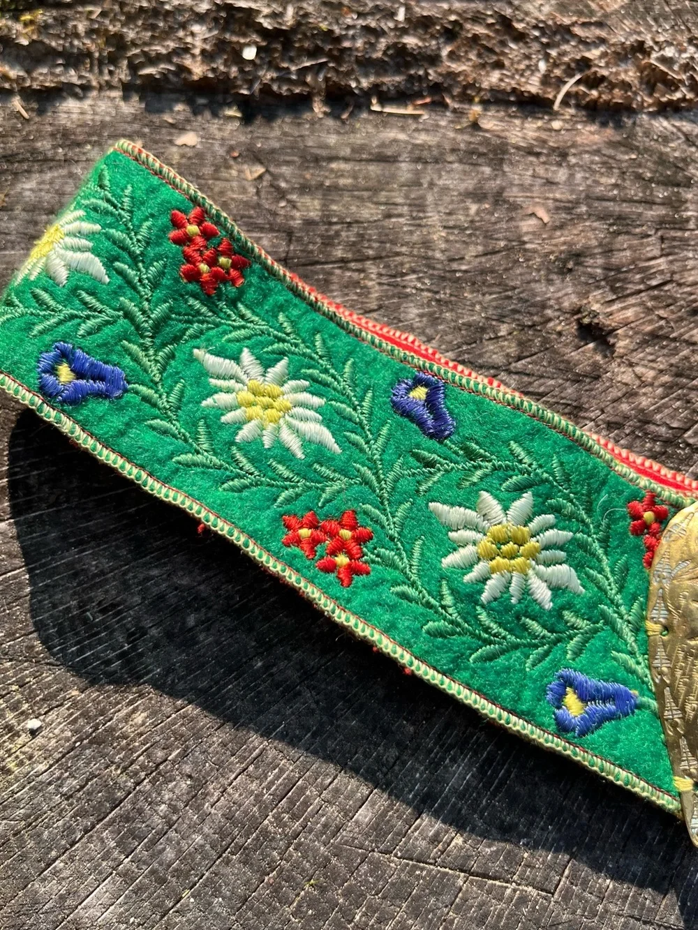 Vintage Handmade Austrian Edelweiss Floral Embroidered Belt Metal Heart Buckle